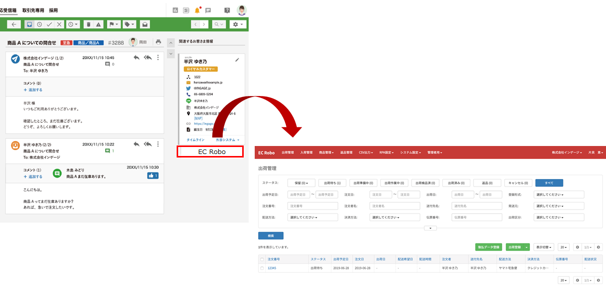 Re:lationからECrobo出荷情報画面の呼び出し連携イメージ図